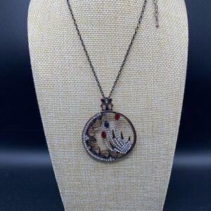 Unsigned Bronze Tone Necklace Gothic Red Crystal 28"